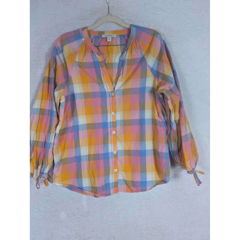 Free Assembly Blouse Women's M Multicolor Plaid V-Neck Tie Cuff Button Front